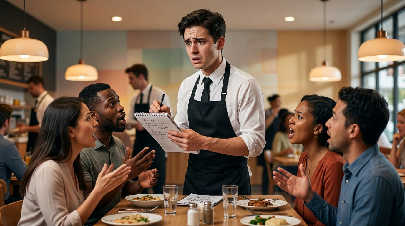 Mozo estresado anotando pedidos a mano en un restaurante